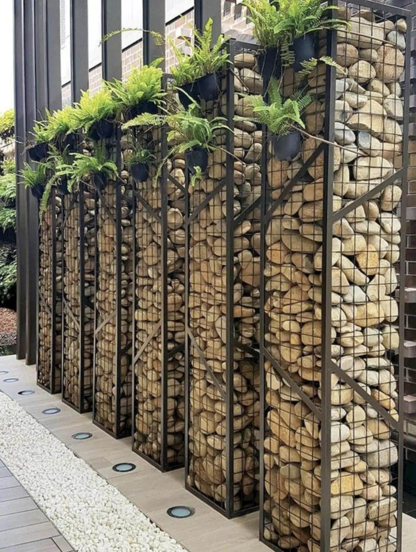 Steel-framed gabion screens filled with river pebbles and planted with ferns
